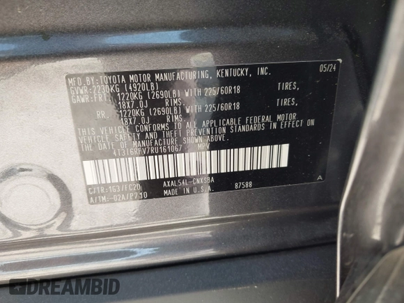 2024 Toyota RAV4 Hybrid SE with VIN 4T3T6RFV7RU161067, listed as a IAAI auction lot 41942992 with 11,952 mi miles and . Bid and sale history available at DreamBid. Image 9.
