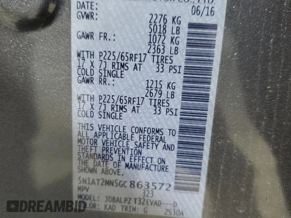 2016 Nissan Rogue S with VIN 5N1AT2MN5GC863572, listed as a Copart auction lot 51248005 with 71,089 mi miles and Salvage Title. Bid and sale history available at DreamBid. Image 13.