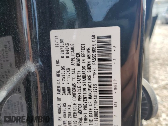 2015 Acura TLX Advance with VIN 19UUB2F70FA013265, listed as a Copart auction lot 54374955 with 162,398 mi miles and Salvage title. Bid and sale history available at DreamBid. Image 13.