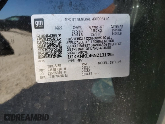 2022 GMC Acadia SLE with VIN 1GKKNKL46NZ131395, listed as a Copart auction lot 52573375 with 55,293 mi miles and Salvage title. Bid and sale history available at DreamBid. Image 14.
