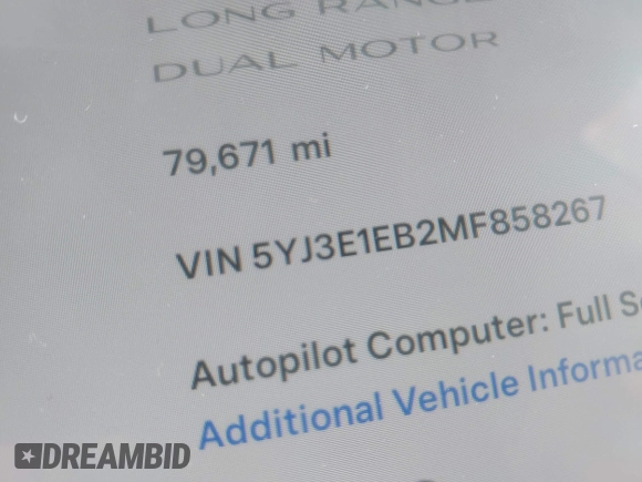 2021 Tesla Model 3 Long Range with VIN 5YJ3E1EB2MF858267, listed as a IAAI auction lot 41782360 with 79,671 mi miles and . Bid and sale history available at DreamBid. Image 15.