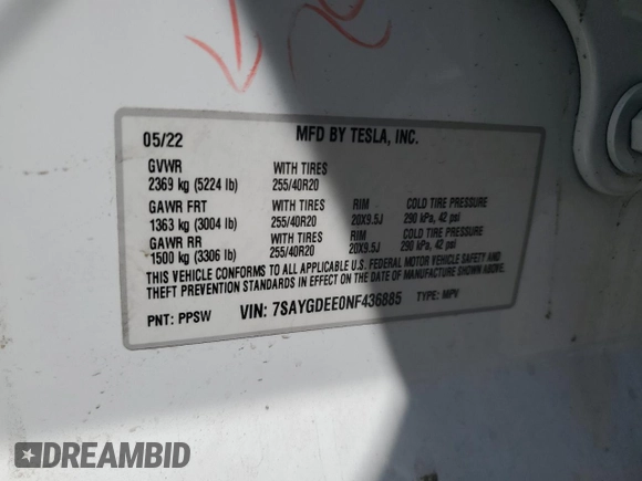 2022 Tesla Model Y Long Range with VIN 7SAYGDEE0NF436885, listed as a Copart auction lot 52101735 with 35,799 mi miles and Salvage Title. Bid and sale history available at carsss.com. Image 14.