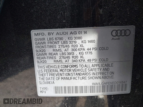 2014 Audi Q7 Premium Plus with VIN WA1LGAFEXED014547, listed as a IAAI auction lot 42256396 with 158,038 mi miles and . Bid and sale history available at DreamBid. Image 9.