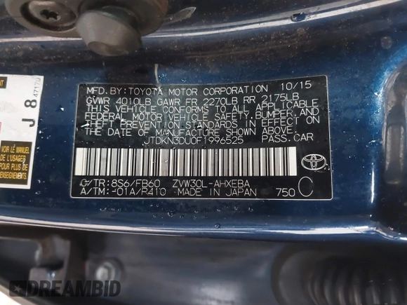 2015 Toyota Prius Four with VIN JTDKN3DU0F1996525, listed as a IAAI auction lot 41788534 with 322,072 mi miles. Bid and sale history available at carsss.com. Image 9.