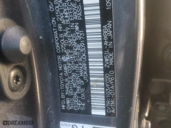 2019 Toyota Prius L Eco with VIN JTDKARFU0K3091731, listed as a Copart auction lot 46832955 with 98,327 mi miles and Salvage Title. Bid and sale history available at carsss.com. Image 12.