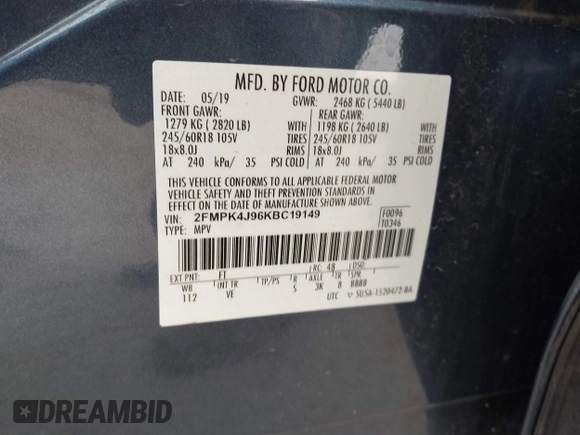 2019 Ford Edge SEL with VIN 2FMPK4J96KBC19149, listed as a IAAI auction lot 42307321 with 57,381 mi miles and . Bid and sale history available at DreamBid. Image 9.