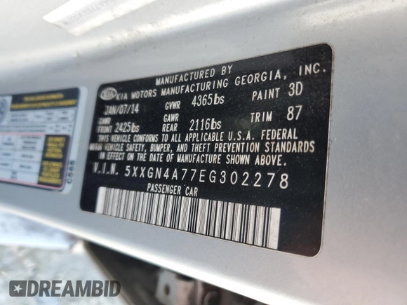 2014 Kia Optima EX with VIN 5XXGN4A77EG302278, listed as a Copart auction lot 46135025 with 218,869 mi miles and Salvage Title. Bid and sale history available at carsss.com. Image 13.