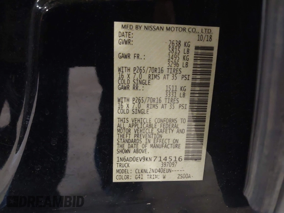 2019 Nissan Frontier SV with VIN 1N6AD0EV9KN714516, listed as a IAAI auction lot 42296632 with 159,606 mi miles and . Bid and sale history available at DreamBid. Image 9.