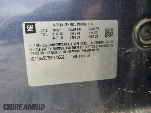 2014 Chevrolet Malibu LS with VIN 1G11B5SL7EF173532, listed as a Copart auction lot 54574485 with 129,234 mi miles and Clean Title. Bid and sale history available at DreamBid. Image 12.