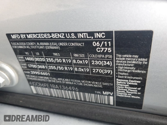 2011 Mercedes-Benz R 350 with VIN 4JGCB6FE1BA136496, listed as a Copart auction lot 58072355 with 151,858 mi miles and Salvage title. Bid and sale history available at DreamBid. Image 13.