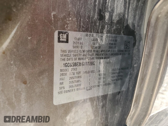 2016 Chevrolet Colorado 2WD WT with VIN 1GCGSBE36G1172092, listed as a Copart auction lot 45702695 with 102,230 mi miles and Salvage Title. Bid and sale history available at DreamBid. Image 12.