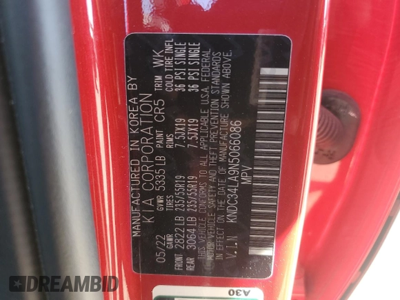 2022 Kia EV6 Wind with VIN KNDC34LA9N5066086, listed as a Copart auction lot 80554274 with 22,539 mi miles and Salvage Title. Bid and sale history available at carsss.com. Image 14.