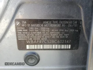2011 BMW 5 Series 535i with VIN WBAFR7C52BC602347, listed as a Copart auction lot 53147525 with 168,642 mi miles and Salvage Title. Bid and sale history available at carsss.com. Image 12.
