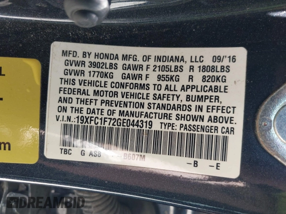 2016 Honda Civic EX-L with VIN 19XFC1F72GE044319, listed as a IAAI auction lot 41823220 with 129,868 mi miles and . Bid and sale history available at DreamBid. Image 9.