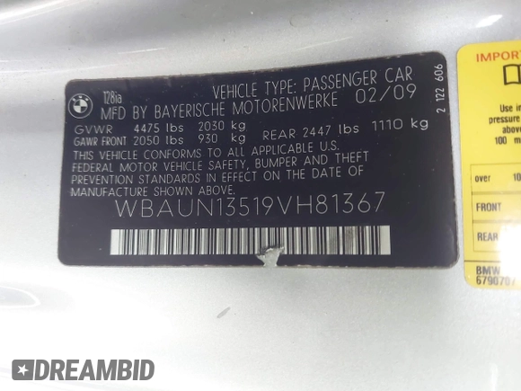 2009 BMW 1 Series 128i with VIN WBAUN13519VH81367, listed as a IAAI auction lot 41710584 with 94,462 mi miles and . Bid and sale history available at DreamBid. Image 9.