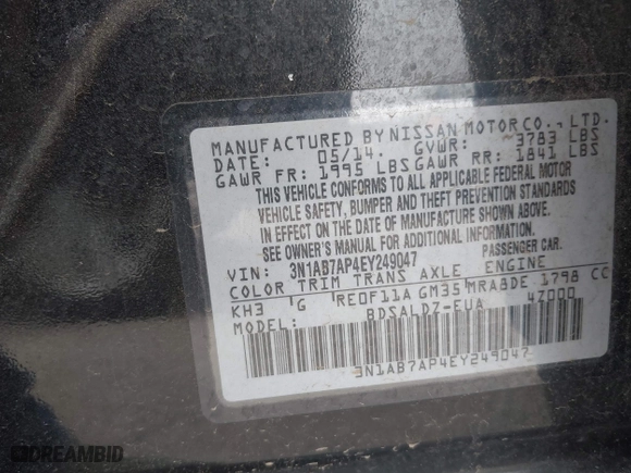 2014 Nissan Sentra SR with VIN 3N1AB7AP4EY249047, listed as a IAAI auction lot 41950410 with 173,719 mi miles. Bid and sale history available at carsss.com. Image 9.