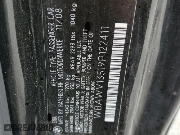 2009 BMW 3 Series 328i with VIN WBAWV13519P122411, listed as a Copart auction lot 54273035 with Not Provided miles and Salvage Title. Bid and sale history available at carsss.com. Image 12.