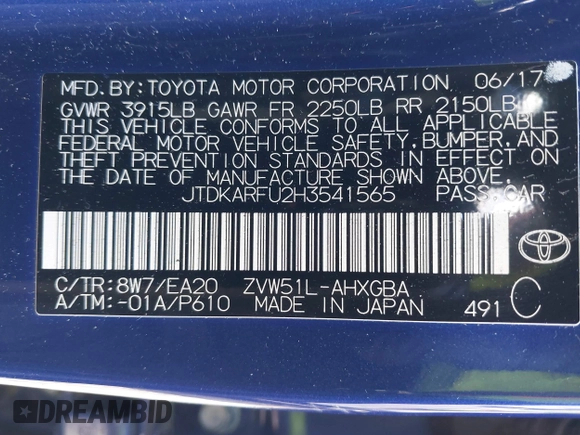 2017 Toyota Prius Two z VIN JTDKARFU2H3541565, wystawiony jako IAAI lot #41815106 z przebiegiem Nie podano mil oraz . Historia ofert i sprzedaży dostępna na DreamBid. Obrazek 9.