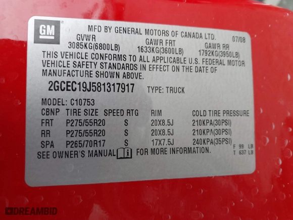 2008 Chevrolet Silverado 1500 LT w/1LT with VIN 2GCEC19J581317917, listed as a IAAI auction lot 41634804 with 129,305 mi miles. Bid and sale history available at carsss.com. Image 9.