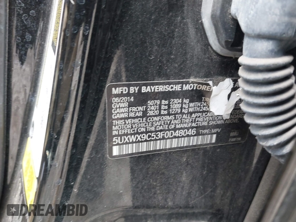 2015 BMW X3 xDrive28i with VIN 5UXWX9C53F0D48046, listed as a IAAI auction lot 41893060 with Not Provided miles and . Bid and sale history available at DreamBid. Image 9.