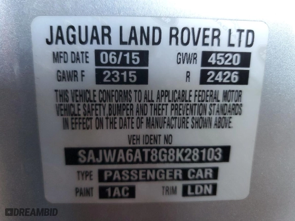 2016 Jaguar F-TYPE with VIN SAJWA6AT8G8K28103, listed as a Copart auction lot 44315225 with 90,497 mi miles and Clean Title. Bid and sale history available at carsss.com. Image 12.