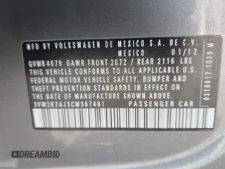 2012 Volkswagen Jetta S with VIN 3VW2K7AJ3CM367461, listed as a IAAI auction lot 42522435 with 159,113 mi miles and . Bid and sale history available at DreamBid. Image 9.