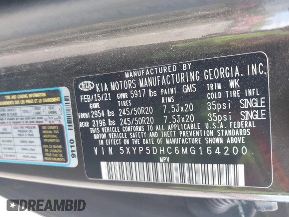 2021 Kia Telluride SX with VIN 5XYP5DHC6MG164200, listed as a IAAI auction lot 42176716 with 143,783 mi miles and . Bid and sale history available at DreamBid. Image 9.