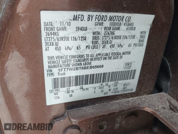 2011 Ford F-250 XL with VIN 1FT7W2BT6BEB65668, listed as a IAAI auction lot 41971840 with 182,874 mi miles and . Bid and sale history available at DreamBid. Image 9.