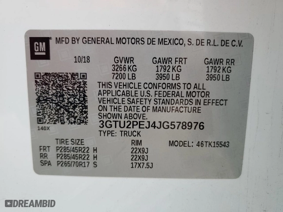 2018 GMC Sierra 1500 Denali with VIN 3GTU2PEJ4JG578976, listed as a Copart auction lot 43475705 with 96,342 mi miles and Salvage Title. Bid and sale history available at carsss.com. Image 12.