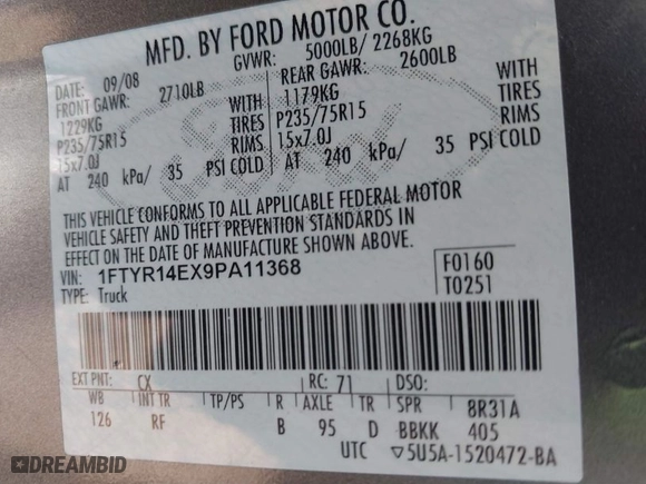 2009 Ford Ranger XL with VIN 1FTYR14EX9PA11368, listed as a IAAI auction lot 41603480 with 143832 miles. Bid and sale history available at carsss.com. Image 9.