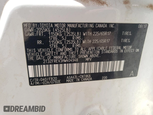 2017 Toyota RAV4 LE with VIN 2T3ZFREV3HW404948, listed as a Copart auction lot 51303095 with 130,812 mi miles and Salvage Title. Bid and sale history available at carsss.com. Image 16.