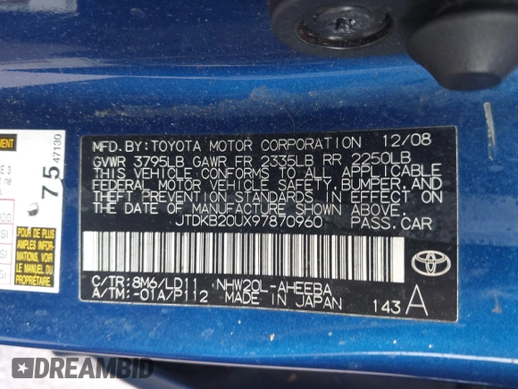 2009 Toyota Prius with VIN JTDKB20UX97870960, listed as a IAAI auction lot 41449543 with 177,025 mi miles. Bid and sale history available at carsss.com. Image 9.