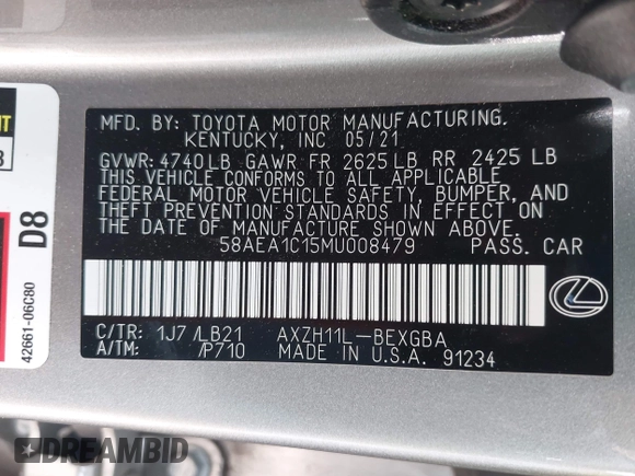 2021 Lexus ES 300h Luxury with VIN 58AEA1C15MU008479, listed as a IAAI auction lot 42638671 with 44,845 mi miles and . Bid and sale history available at DreamBid. Image 9.