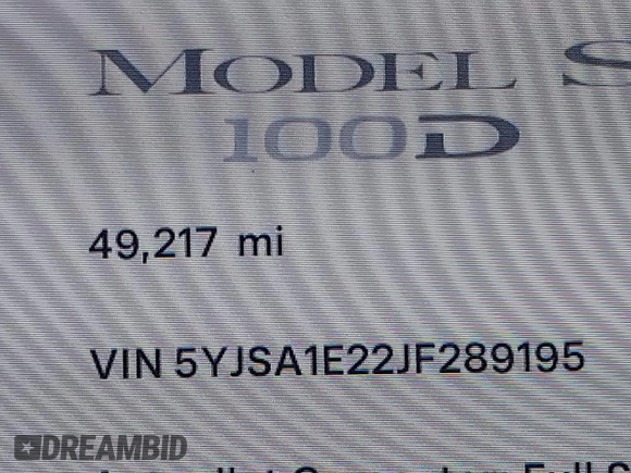 2018 Tesla Model S 75D with VIN 5YJSA1E22JF289195, listed as a IAAI auction lot 41825949 with 49,217 mi miles and . Bid and sale history available at DreamBid. Image 15.
