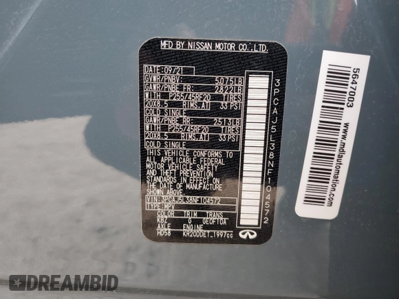 2022 Infiniti QX55 Sensory with VIN 3PCAJ5L38NF104572, listed as a Copart auction lot 79046904 with 23,736 mi miles and Salvage title. Bid and sale history available at DreamBid. Image 13.