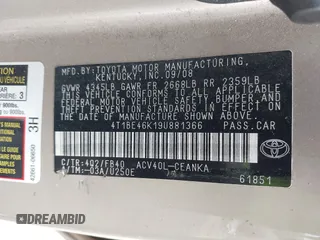 2009 Toyota Camry with VIN 4T1BE46K19U881366, listed as a IAAI auction lot 42039334 with 208,016 mi miles. Bid and sale history available at carsss.com. Image 9.