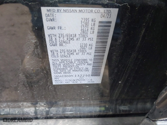 2023 Nissan Murano SV with VIN 5N1AZ2BS0PC132250, listed as a IAAI auction lot 41681155 with 45,067 mi miles. Bid and sale history available at carsss.com. Image 9.