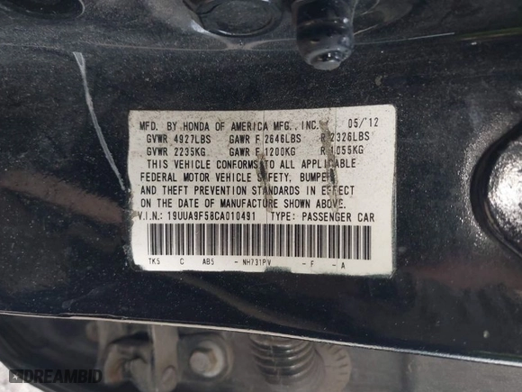 2012 Acura TL Tech Auto with VIN 19UUA9F58CA010491, listed as a IAAI auction lot 41824746 with 203328 miles. Bid and sale history available at carsss.com. Image 9.