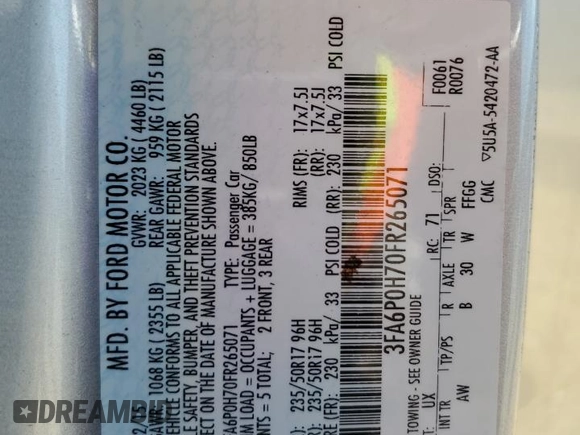 2015 Ford Fusion SE z VIN 3FA6P0H70FR265071, wystawiony jako Copart lot #55843685 z przebiegiem 137 104 mil mil oraz Szkoda całkowita • Salvage title. Historia ofert i sprzedaży dostępna na DreamBid. Obrazek 12.