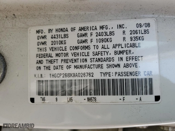 2009 Honda Accord Sdn EX-L with VIN 1HGCP268X9A026762, listed as a Copart auction lot 78824754 with 153,501 mi miles and Clean Title. Bid and sale history available at carsss.com. Image 13.