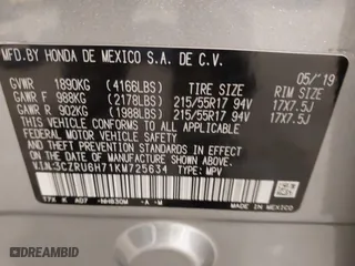 2019 Honda HR-V EX-L with VIN 3CZRU6H71KM725634, listed as a IAAI auction lot 41093552 with 42,239 mi miles. Bid and sale history available at carsss.com. Image 9.