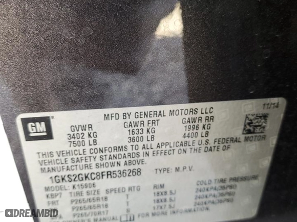 2015 GMC Yukon XL SLE with VIN 1GKS2GKC8FR536268, listed as a Copart auction lot 84226374 with 174,544 mi miles and Salvage Title. Bid and sale history available at carsss.com. Image 15.
