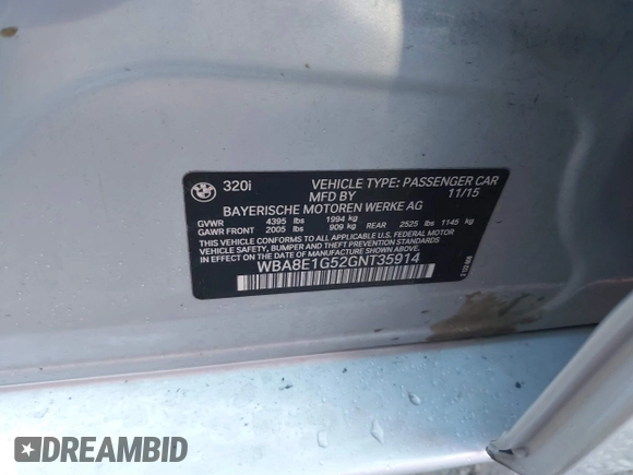 2016 BMW 3 Series 320i with VIN WBA8E1G52GNT35914, listed as a IAAI auction lot 41776031 with 156,193 mi miles and . Bid and sale history available at carsss.com. Image 9.