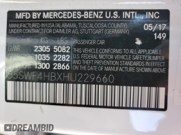 2017 Mercedes-Benz C 350e with VIN 55SWF4HBXHU229660, listed as a Copart auction lot 68336883 with 83,960 mi miles and . Bid and sale history available at DreamBid. Image 12.