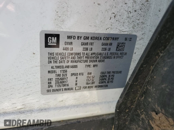 2022 Chevrolet TrailBlazer ACTIV with VIN KL79MSSL4NB146005, listed as a Copart auction lot 60079514 with 24,769 mi miles and Salvage Title. Bid and sale history available at DreamBid. Image 13.