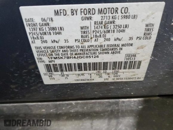 2018 Ford Explorer with VIN 1FM5K7BH4JGC05126, listed as a Copart auction lot 87030684 with 90,554 mi miles and Salvage title. Bid and sale history available at DreamBid. Image 13.