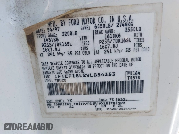 1997 Ford F-150 with VIN 1FTEF18L2VLB54353, listed as a IAAI auction lot 42372457 with 160,764 mi miles and . Bid and sale history available at DreamBid. Image 9.