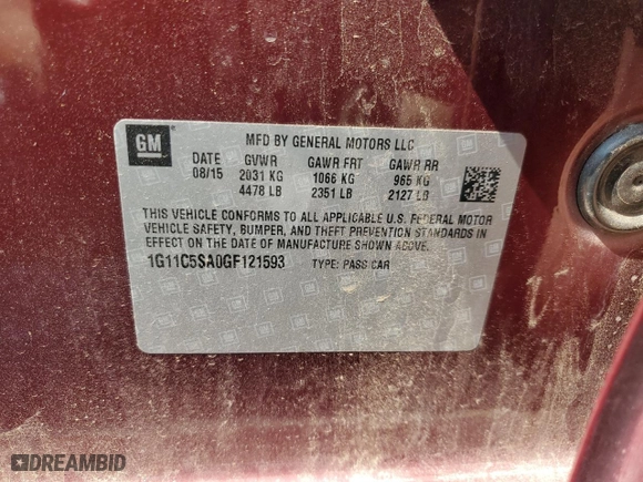 2016 Chevrolet Malibu Limited LT with VIN 1G11C5SA0GF121593, listed as a Copart auction lot 49143825 with 101,285 mi miles and Salvage Title. Bid and sale history available at carsss.com. Image 12.