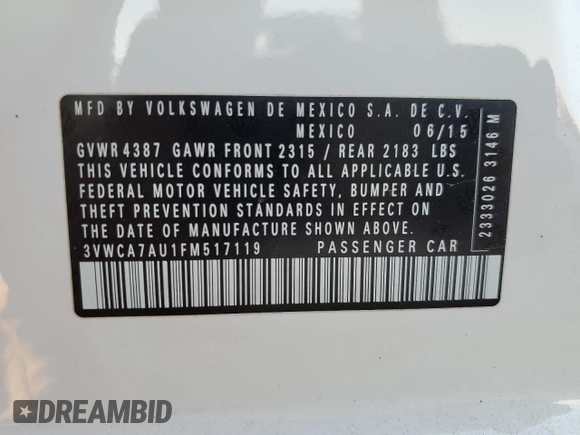 2015 Volkswagen Golf SE with VIN 3VWCA7AU1FM517119, listed as a Copart auction lot 80885134 with 62,106 mi miles and Salvage Title. Bid and sale history available at DreamBid. Image 14.