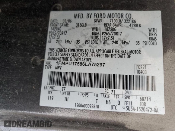 2006 Ford Expedition Eddie Bauer with VIN 1FMPU17586LA75297, listed as a Copart auction lot 45040385 with 180,847 mi miles and Clean Title. Bid and sale history available at carsss.com. Image 13.